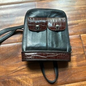 One World by Brighton Crossbody Purse, black leather with embossed croc accents.